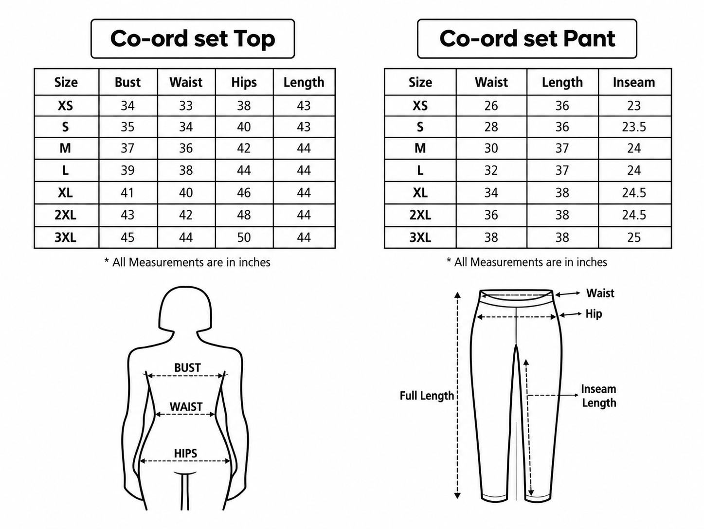 Elegant Black & White Printed Cotton Coord set Size Chart