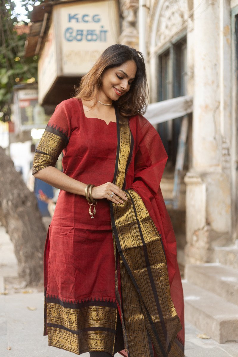 Yazhini Chettinad Handloom Salwar With Dupatta