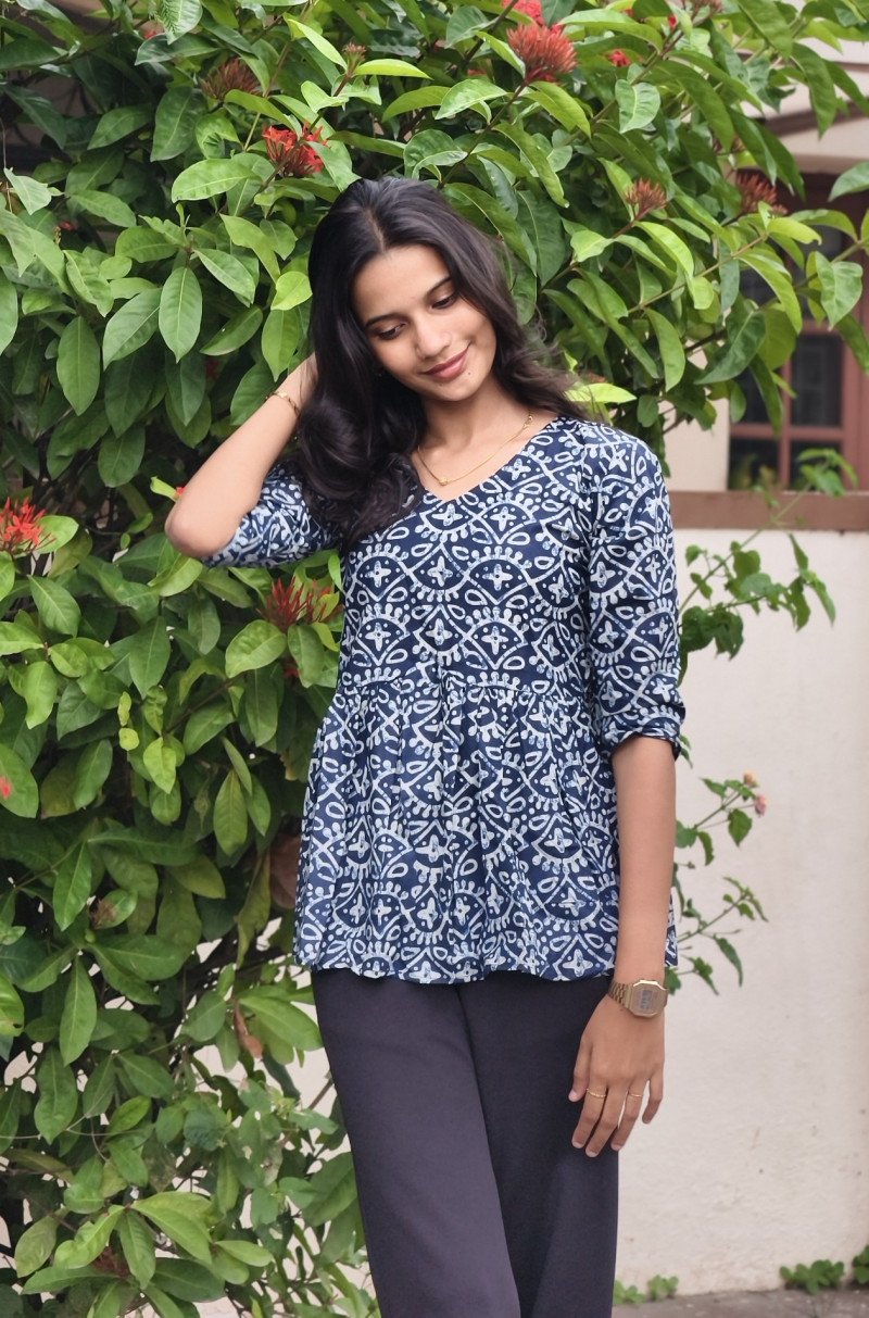 Women's Navy Blue Printed Peplum Top with 3/4 Sleeves | Stylish Casual Wear