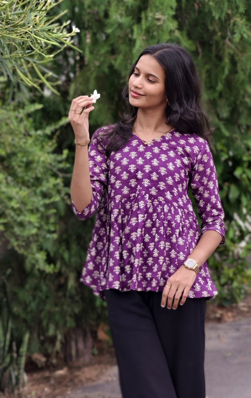 Purple Floral Printed Women's Peplum Top | 3/4 Sleeve Ethnic Top