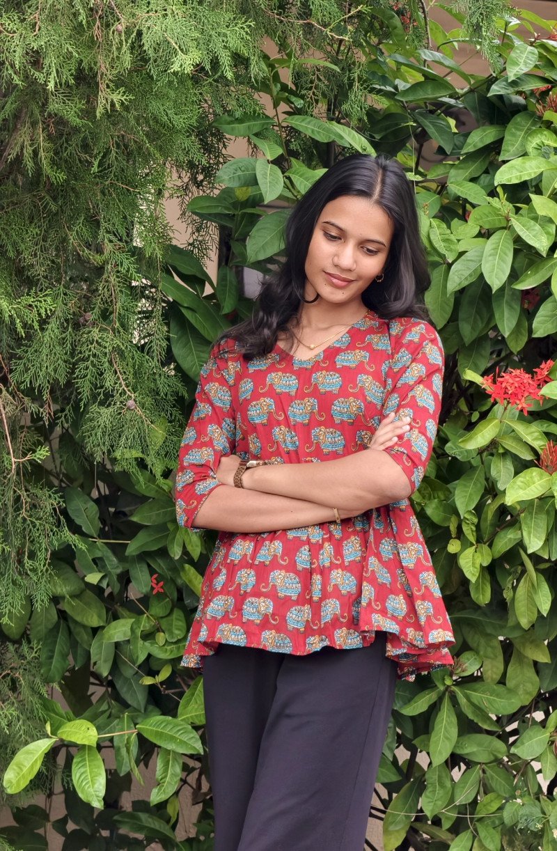 Red Printed Women's Peplum Top | Elephant Print 3/4 Sleeve Top